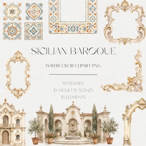 Könnte beinhalten: Eine Sammlung von Aquarell-Grafikelementen mit sizilianischer Barockarchitektur, darunter verzierte goldene Rahmen, dekorative Fliesenmuster und eine Brunnenszene mit dem Text SICILIAN BAROQUE WATERCOLOR CLIPART PNG.