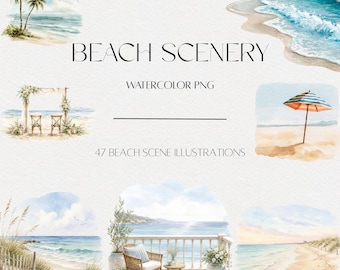 Watercolor Beach Scenery Clipart, Coastal Ocean Landscape Illustrations (PNG)