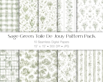 Sage Green Toile de Jouy Pattern Pack, French Country Watercolor Florals (Digital Download)