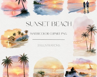 Sunset Beach Watercolor Clipart, Ocean Scene Illustration, Wedding Invitation Art (31 PNGs)