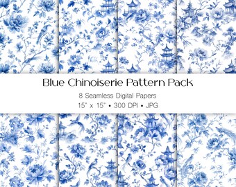 Blauw naadloos digitaal papier chinoiserie, porseleinen toile bloemenpatroon (digitale download)