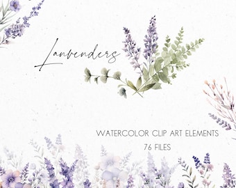 Lavender Watercolor Clipart, Botanical Clip Art, Purple Flowers and Leaves, PNG Set