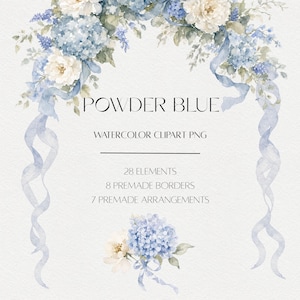 Könnte beinhalten: Aquarell-Blumenbogen mit puderblauen Hortensien, weißen Pfingstrosen und fließenden Bändern. Text: POWDER BLUE, WATERCOLOR CLIPART PNG, 28 ELEMENTS, 8 PREMADE BORDERS, 7 PREMADE ARRANGEMENTS. Enthält ein kleines Blumenarrangement am unteren Rand.