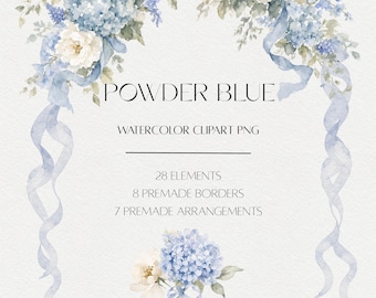 Powder Blue Watercolor Hydrangea Clipart, Wedding Floral Border Elements (PNG)