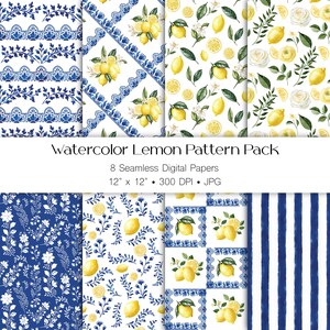 Puede incluir: Una colección de ocho papeles digitales sin costuras con patrones de limones en acuarela. Los diseños incluyen flores azules y blancas, arreglos de limones y flores y rayas azules. Cada papel mide 30,48 cm x 30,48 cm.