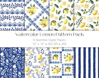 Watercolor Lemon Citrus Seamless Patterns, Mediterranean Tile Digital Paper (12x12 JPG)