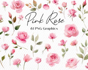 Pink Rose Watercolor Clipart: Elegant Floral PNGs (Commercial Use)