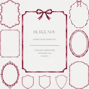 May include: A collection of burgundy watercolour frames and crests featuring various shapes including rectangular, oval, and shield designs. The central frame is topped with a bow. Text reads: BURGUNDY WATERCOLOUR CLIPART PNG 39 FRAMES (3000X4200) 39 FRAMES (A4) 8 CRESTS.