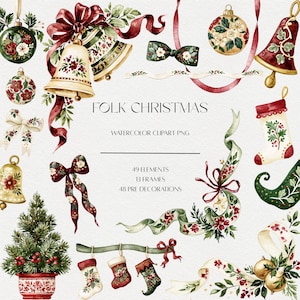 Può includere: Una collezione di elementi clipart natalizi ad acquerello che includono campane, ornamenti, fiocchi, nastri, calze e un albero in vaso. Il testo recita FOLK CHRISTMAS, WATERCOLOR CLIPART PNG, 49 ELEMENTS, 13 FRAMES, 48 PRE DECORATIONS.