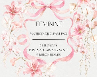 Feminine Floral Clipart Bundle, Pink Watercolor Lily Orchid PNG (Digital Download)