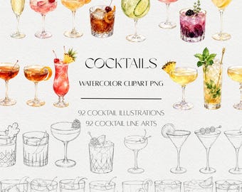 Watercolor Cocktail Clipart PNG, Line Art Illustrations, Bar Menu Graphics (Digital Download)