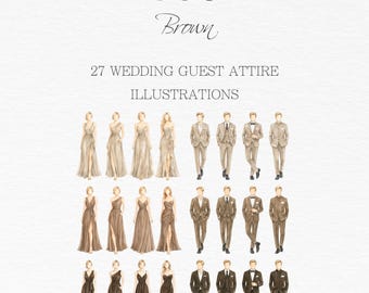 Brown Wedding Guest Attire Illustrations, Watercolor Clipart, Bridal Party Outfits (Commercial Use)