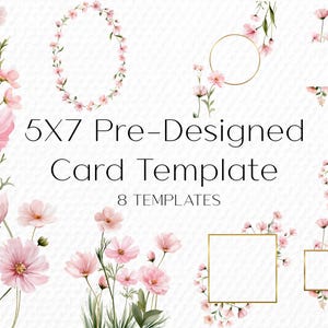 Puede incluir: Un conjunto de plantillas de tarjetas prediseñadas de 5x7 con ilustraciones de acuarela de flores de cosmos rosas y marcos dorados. Las plantillas incluyen marcos ovalados, cuadrados y rectangulares, así como bordes florales. El texto dice "5X7 Pre-Designed Card Template" y "8 Templates."
