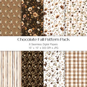 Pode incluir: Uma coleção digital intitulada Chocolate Fall Pattern Pack com 8 papéis digitais sem costura. Os designs incluem padrões florais castanhos e brancos, riscas verticais, vinhas entrelaçadas e um padrão xadrez castanho, medindo 38,1 cm x 38,1 cm a 300 DPI.