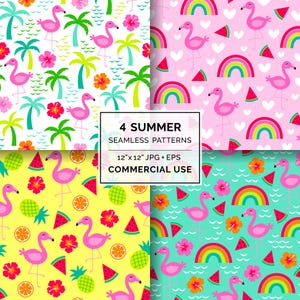 Cute Flamingo Seamless Pattern Bundle, Tropical Summer Beach Pattern – 12"x12" JPG / EPS (Digital Download), Commercial Use