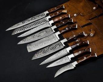 Juego de 9 cuchillos de chef de acero de Damasco hechos a mano con mango de madera