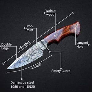 May include: A Damascus steel knife with a walnut wood handle. The blade is 10 inches long, with a 4.9-inch cutting edge. Features include a drop point, double edge, safety guard, and lanyard hole. The steel is 1080 and 15N20.