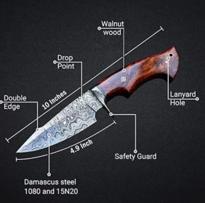 May include: A Damascus steel knife with a walnut wood handle. The blade is 10 inches long, with a 4.9-inch cutting edge. Features include a drop point, double edge, safety guard, and lanyard hole. The steel is 1080 and 15N20.