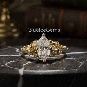 Marquise Lab Grown Diamond Sterling Silver Ring: Moissanite Asymmetrical Cocktail Ring, 14k Gold