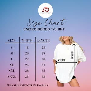 The image is a size chart for an embroidered t-shirt, showing the measurements for different sizes in inches.
