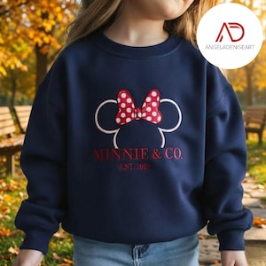 A person wearing a navy blue sweatshirt with a red and white polka dot Minnie Mouse design and the text "MINNIE & CO. EST. 1920" printed on it.