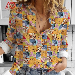 Disney Winnie The Pooh Friends Patchwork Button Up Shirt for Women, Tigger Piglet Eeyore Cartoon Long Sleeve Blouse