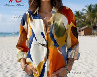 Abstract Art Women Casual Shirt, Colorful Boho Button Up Blouse, Vintage Summer Beach Top, Modern Artistic Shirt Gift for Her