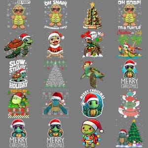May include: A collection of Christmas-themed turtle illustrations. Some turtles wear Santa hats and sunglasses, while others are decorated with Christmas lights. Text includes "Oh Snap!", "Gingerbread Turtle", and "Merry Christmas".