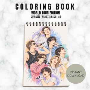 May include: A spiral-bound coloring book titled COLORING BOOK WORLD TOUR EDITION 35 PAGES - US LETTER SIZE - A4 featuring a watercolor-style illustration of seven individuals holding microphones, set against colorful paint splatters.