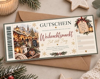 Könnte beinhalten: Ein rechteckiger Gutschein mit einer weihnachtlichen Marktillustration, einem Barcode auf der linken Seite und dem Text GUTSCHEIN, Weihnachtsmarkt, Zeit statt Zeug. Er enthält Felder für Empfänger, Absender und Datum, verziert mit Tannenzweigen.