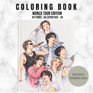 May include: A coloring book titled COLORING BOOK WORLD TOUR EDITION 35 PAGES - US LETTER SIZE - A4 featuring a digital illustration of seven individuals performing with microphones. The artwork includes watercolor-style accents in blue and pink.