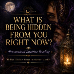 May include: A dark graphic featuring a full moon, a person with a veil, and a lit lantern. The text reads: WHAT IS BEING HIDDEN FROM YOU RIGHT NOW? Personalised Intuitive Reading. Hidden Truths • Secret Intentions • Clarity. Tarot cards are visible below.