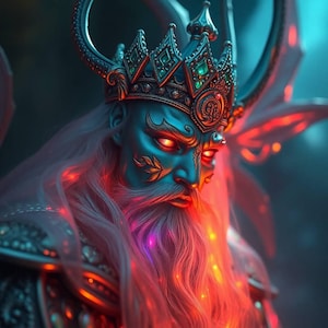 Puede incluir: Imagen de arte digital de una figura regia con rostro turquesa, adornada con una corona detallada y ojos rojos brillantes. La figura tiene una larga barba blanca y cabello suelto, iluminado con luces rojas y rosas vibrantes, creando una estética fantástica.