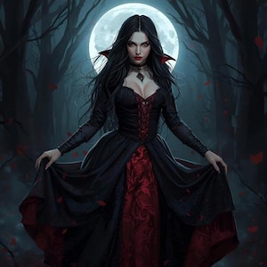 Puede incluir: Una mujer con un vestido gótico negro y rojo se encuentra frente a una luna llena en un bosque oscuro. El vestido presenta un escote bajo, mangas largas y una falda roja estampada. Su largo cabello negro enmarca su rostro y lleva un colgante.