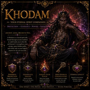 Puede incluir: Un gráfico digital con el texto KHODAM YOUR ETERNAL SPIRIT COMPANION. Muestra una figura de cabello oscuro con túnicas negras y doradas adornadas y una corona, rodeada de humo púrpura. Iconos: escudo, ojo, llama, llave y un corazón.