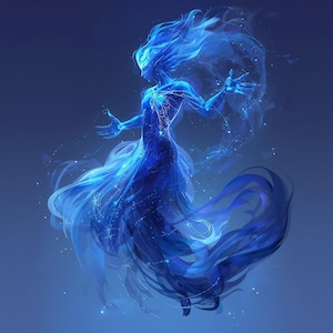 May include: Digital art illustration of a figure composed of flowing blue light. The figure has long, flowing hair and outstretched arms, with a dress-like form that trails behind. The artwork is set against a gradient blue background, with sparkling details.