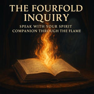 May include: An open book with glowing flames rising from its center. The text on the book reads, "THE FOURFOLD INQUIRY" and "SPEAK WITH YOUR SPIRIT COMPANION THROUGH THE FLAME". The image has a mystical, fantasy theme.