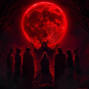 Könnte beinhalten: Digitale Illustration einer dunklen Szene mit einem großen, roten Mond. Silhouetten von Figuren in Kapuzenmänteln versammeln sich vor einer gehörnten Figur mit erhobenen Armen. Das Kunstwerk erzeugt ein Gefühl von Mysterium und Okkultismus.