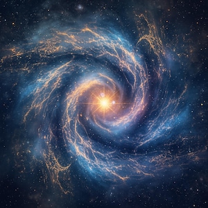 Può includere: Illustrazione digitale di una galassia a spirale con un centro dorato e luminoso. I bracci della galassia sono un mix di blu e arancione, con dettagli intricati e uno sfondo stellato. L'immagine evoca un senso di meraviglia cosmica.