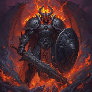 Könnte beinhalten: Digitale Illustration einer dämonischen Figur in schwarzer Rüstung, die ein großes Schwert und einen Schild hält. Die Figur hat Hörner und ist von Flammen und Rauch umgeben, mit einem roten Umhang und Flügeln. Fantasy-Thema.