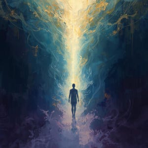 Op de afbeelding: Een artistiek digitaal schilderij toont een silhouetfiguur dat naar een helder, goudkleurig licht loopt. De achtergrond bevat tinten blauw en paars, met vloeiende, etherische vormen en texturen.