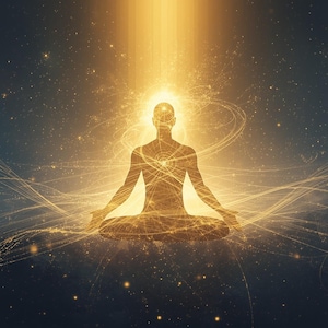 Könnte beinhalten: Goldene Silhouette einer Person in meditativer Pose, die Licht und Energie ausstrahlt. Das Bild zeigt einen kosmischen Hintergrund mit wirbelnden Linien und funkelnden Partikeln, die Spiritualität und inneren Frieden hervorrufen.