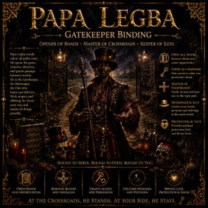 Può includere: Un poster scuro e ornato intitolato Papa Legba Gatekeeper Binding che presenta una figura centrale con cilindro che tiene un bastone. L'immagine include testo che descrive la figura come l'apritore di strade, maestro dei crocevia e custode delle chiavi, circondato da teschi, candele e icone simboliche.