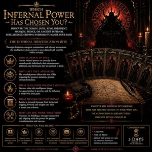 May include: A dark, gothic-themed informational graphic titled Which Infernal Power Has Chosen You? featuring a silhouette of a horned figure, a row of tarot-style cards, a lit candle, and a quill. The text outlines an infernal identification rite.