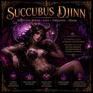 Könnte beinhalten: Eine digitale Illustration einer gehörnten Sukkubus mit dunklem Haar und Flügeln, die verzierten violetten und goldenen Schmuck trägt. Der Text lautet Succubus Djinn, Seductive Power, Love, Obsession, Desire und listet verschiedene Attribute auf.