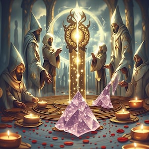 May include: An artistic depiction of a ritual scene. Several robed figures surround a table with a glowing crystal pyramid, candles, and a central ornate pillar. The scene is bathed in warm light, with a mystical and fantasy theme.