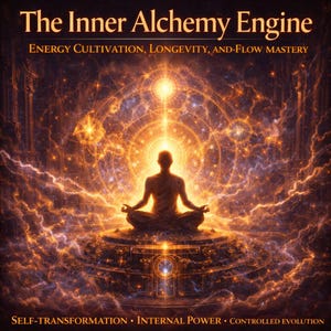 May include: An artistic image with the text "The Inner Alchemy Engine". A silhouetted figure meditates in the lotus position, surrounded by swirling golden energy and celestial patterns. The image conveys themes of self-transformation and internal power.