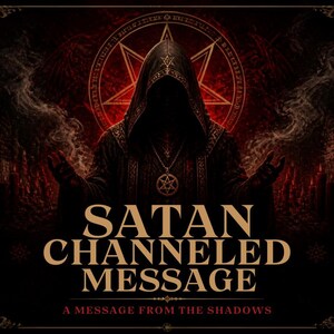Puede incluir: Un gráfico oscuro con una figura encapuchada con túnica y un colgante de pentagrama, sobre un fondo de pentagrama rojo brillante con humo y velas. El texto dice SATAN CHANNELED MESSAGE y A MESSAGE FROM THE SHADOWS en letras doradas.