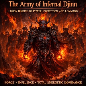 Può includere: Opera d'arte digitale raffigurante un esercito demoniaco in un ambiente infuocato. L'immagine presenta figure cornute in armature ornate, con il testo "The Army of Infernal Djinn" e "LEGION BINDING OF POWER, PROTECTION, AND COMMAND". Il fondo recita "FORCE • INFLUENCE • TOTAL ENERGETIC DOMINANCE".