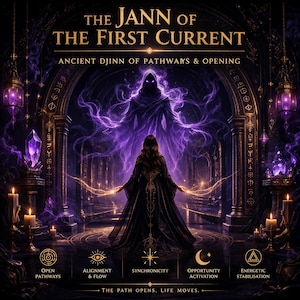May include: Digital art featuring a mystical scene with a robed figure and the text "THE JANN OF THE FIRST CURRENT." The image has a dark purple and gold color scheme, with symbols and text related to pathways, alignment, and opportunity.